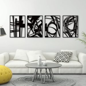 Glamativity 4 Pack Black Abstract Metal Wall Art, Minimalist Décor Single Line Art Wall Décor, 3D Textured Metal Wall Sculptures, for Living Room Bedroom Bathroom Study Room (Black Abstract, M Size 16 x 11''